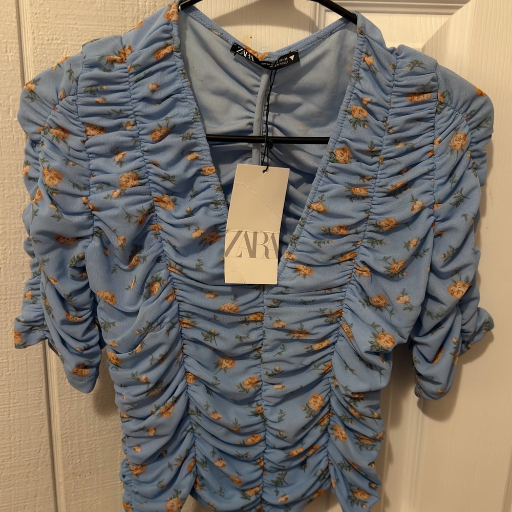 Zara Light Blue Ruched Floral V-Neck Blouse